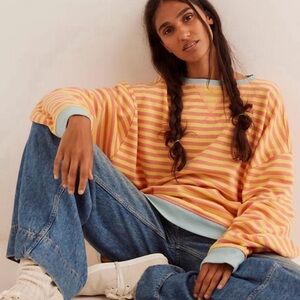 NWOT $98 Free People Classic Striped Oversized Crew Pullover Sweater Tangerine